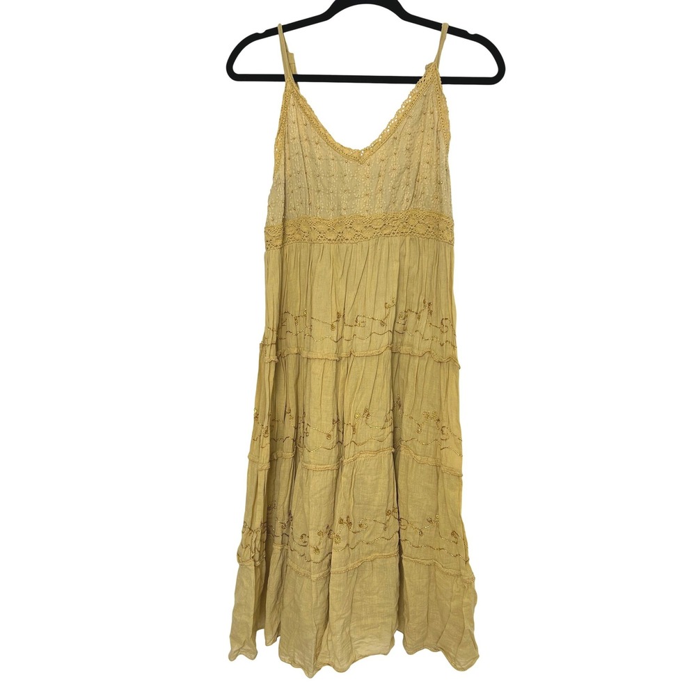 Y2K Signature‎ Dress M Yellow Boho Embroidered fairy Beaded Tiered Midi Cotton
